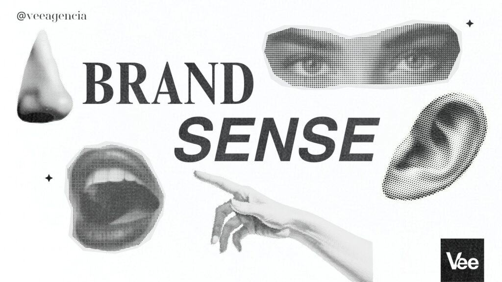 Elementos sensoriais utilizados no branding, como visão, audição, olfato, e tato, representados em uma montagem gráfica com os elementos de uma marca.